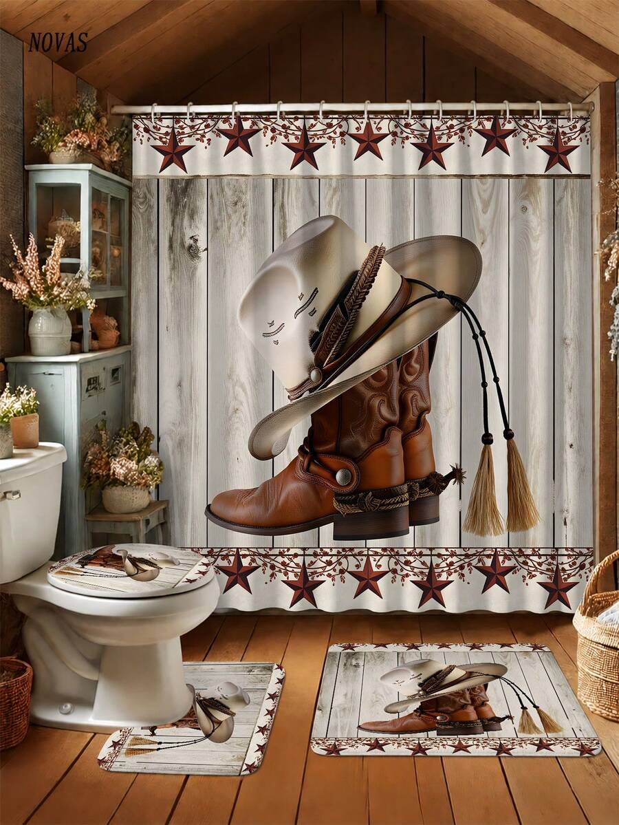 1/3/4 Stück Texas Stern, Hufeisen & Cowboystiefel Muster Duschvorhang Set mit 12 Haken, inklusive Toilette-Sitzabdeckung, Badematte und Teppich, Western Charme Thema, waschbar, aus strapazierfähigem, wasserdichtem Polyester, geeignet für Zuhause/Schlafzimmer/Wohnzimmer/Haushalt/Sommer