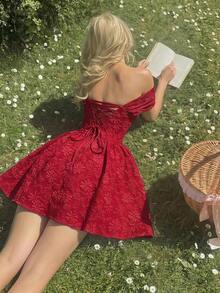 MOD Vestido romántico de hombros descubiertos color vino tinto, adecuado para citas, San Valentín, vacaciones - Rojo cereza - Ver 2