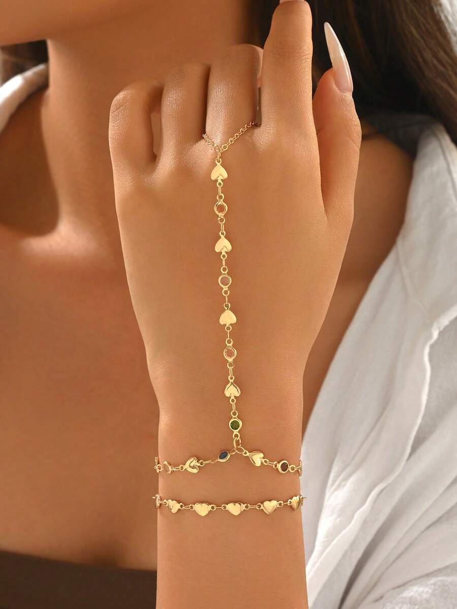 2pcs/Set Fashionable Versatile Heart Shaped Crystal Layered Finger Chain Bracelet, Suitable For Vacation, Date, And Daily Commute. Handmade Chain Can Be Cut To Desired Length, Random Number Of Hearts And Colored Crystals, Random Color Arrangement Of Colored Crystals - Multicolor - View 1