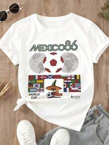 1pc White T Shirt Mexico 86 World Cup Football Graphic Print Casual Wear For Women And Men, Soft Cotton, Round Neck, 100% Cotton, Soft Fabric, Short Sleeve, Breathable And Cool - 白色 - 查看 3