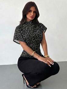 Blusa ajustada de estampado animal minimalista y casual con cuello fruncido, manga asimétrica y cintura fruncida, para mujer, para todas las estaciones - Multicolor - Ver 6