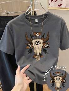 Impala Women's Short-Sleeved Printed T-Shirt, Spring Clothing, Holiday Outfit, White For Summer, Beach Look, Vacation Style, Country Style, Women's Office Outfit. - 深灰色 - 查看 1