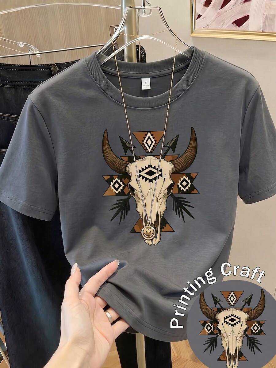 Impala Women's Short-Sleeved Printed T-Shirt, Spring Clothing, Holiday Outfit, White For Summer, Beach Look, Vacation Style, Country Style, Women's Office Outfit. - 深灰色 - 查看 1