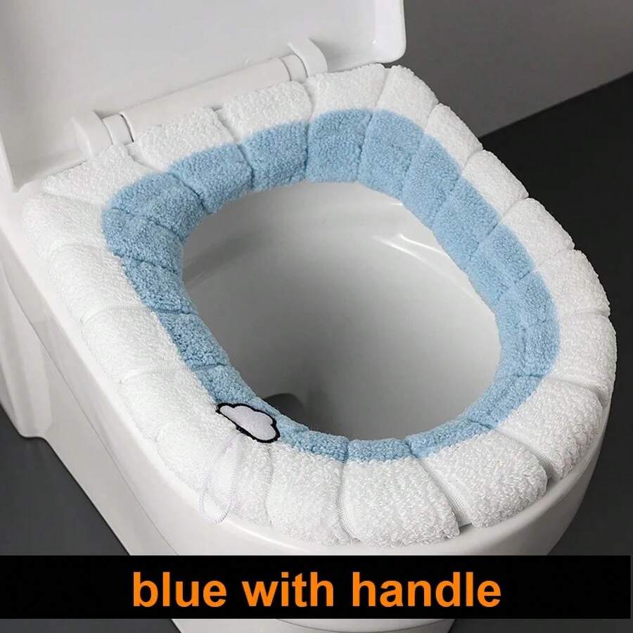2856 Thick Plush O-Shaped Warm Toilet Seat Cushion, Universal Toilet Seat Cushion, Reusable Winter Toilet Seat Cushion, Toilet Seat Cover - 藍色有把手 - 查看 1