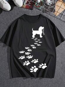 SimpieAndVersatileDesignAdorable camiseta de mujer con estampado de huellas de perros, informal, de manga corta y cuello redondo para amantes de las mascotas, diseño gráfico elegante, tela cómoda y transpirable, ¡regalo ideal para mamás de perros! Camiseta de algodón - Negro - Ver 2