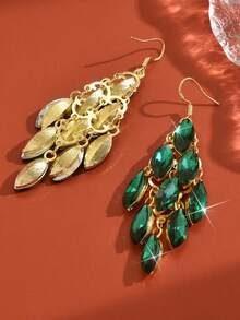 1 Pair Glamorous Sparkling Crystal Leaf Dangle Earrings, Fashionable Elegant Party Earrings For Women - Golden Green - View 3
