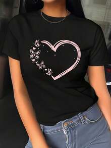 Women's Casual T-Shirt With Letter, Heart, And Butterfly Print - Heart-Shaped Design, Casual Round Neck - Breathable, Lightweight, And Comfortable, Suitable For Spring And Summer Wardrobes - 黑色 - 查看 1