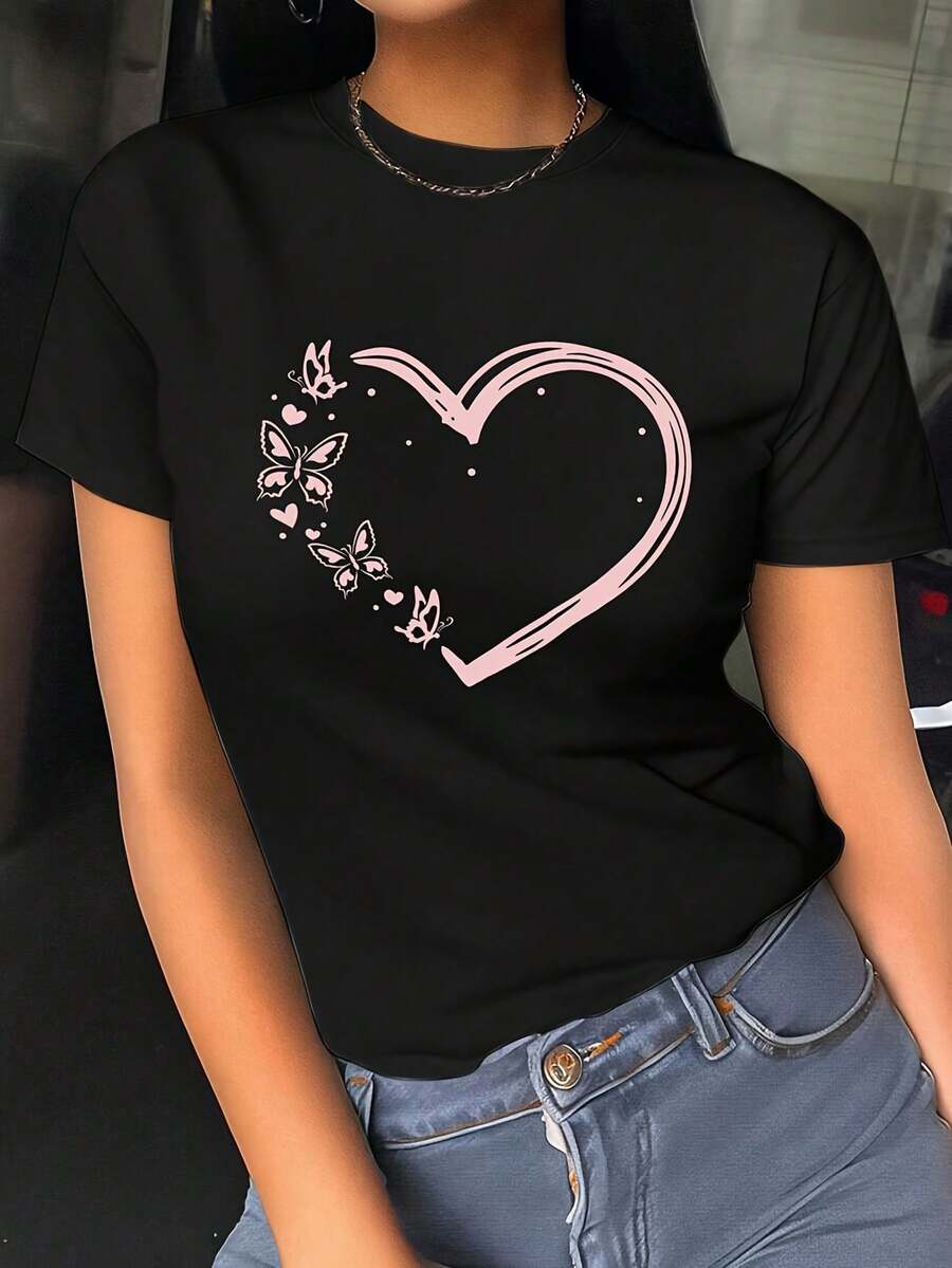Women's Casual T-Shirt With Letter, Heart, And Butterfly Print - Heart-Shaped Design, Casual Round Neck - Breathable, Lightweight, And Comfortable, Suitable For Spring And Summer Wardrobes - 黑色 - 查看 1