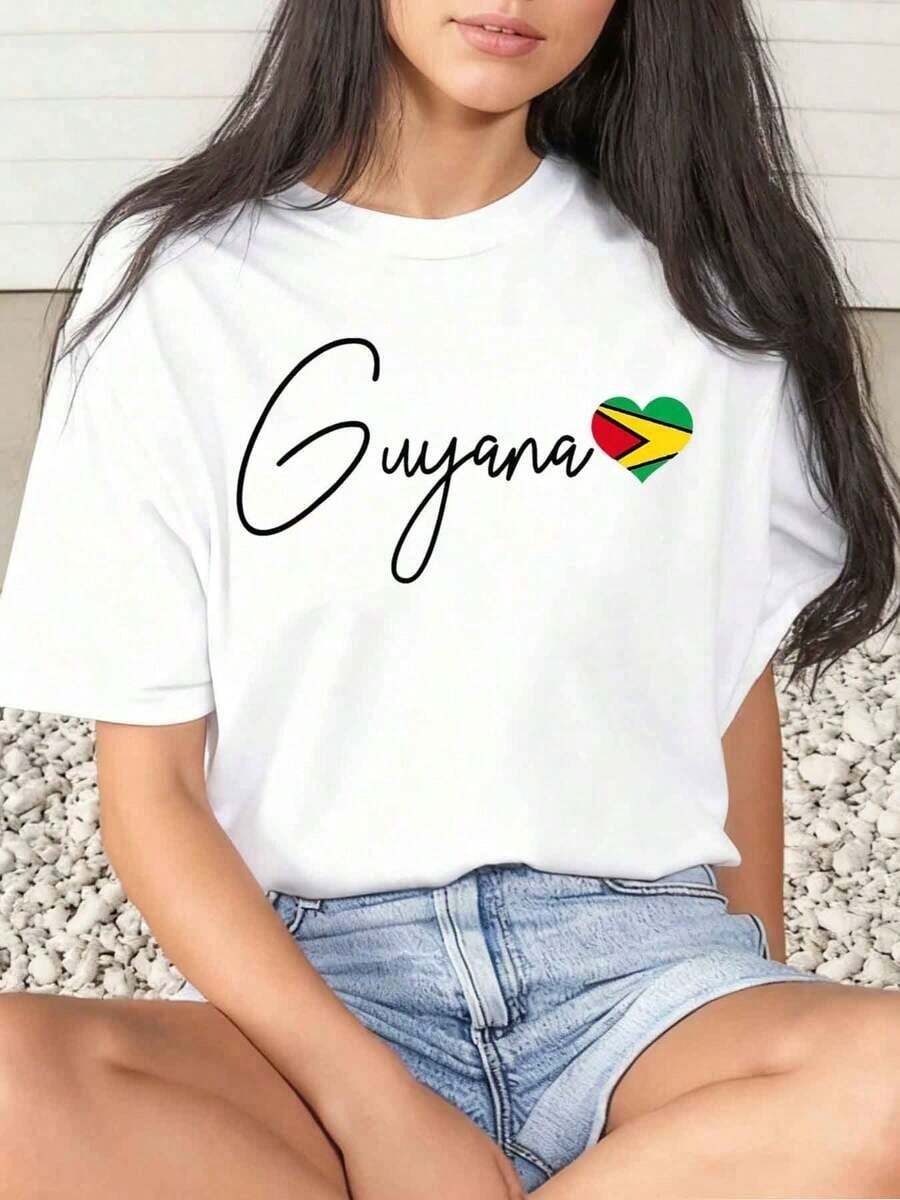 1 Piece Women's T-Shirt With Heart And Guyana Flag Print, For Carnival And Daily Wear, Round Neck, Short Sleeve, Soft And Comfortable, 220g/180g, 100% Cotton - 白色 - 查看 1