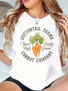 1 Piece, 100% Pure Cotton, Vintage Easter T-Shirt With Fun Print From Cottontail Farm Carrot Company For Women, Comfortable And Cozy Styles For Summer, Suitable For Women's Casual Daily Wear, 180g 100% Cotton. - 白色 - 查看 1