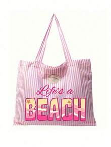 Life'S A Beach Print - Retro Style Pink And White Striped Canvas Handbag, Women'S Large Capacity Striped Beach Tote Bag, Travel Beach Bag And Shopping Fashionable Shoulder Bag, Foldable Canvas Shoulder Handbag, Waterproof Sandproof Travel Bag For Summer Essentials, Ideal For Beach Trips, Pool Days, Shopping & Daily Use, For Women, Travelers & Beach Lovers, For Easter, Teacher'S Day, Vacations - Multicolor - View 21