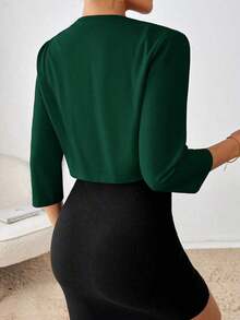 Blazer corto plisado de cuello redondo de unicolor casual para mujer en otoño/invierno - Verde Oscuro - Ver 2