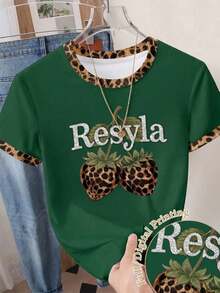 Camiseta casual de mujer de cuello redondo y manga corta con estampado de leopardo y fresa - Verde Oscuro - Ver 7