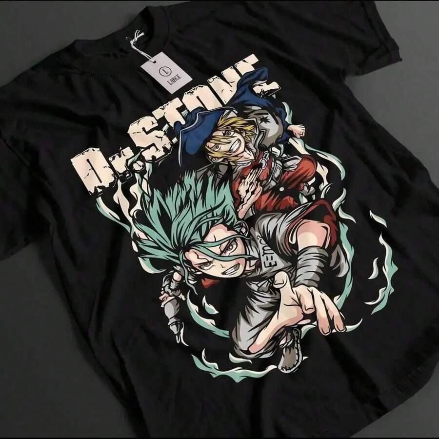 Camiseta Dr Stone Senku Ishigami, Taiju, Tsukasa, Kohaku Anime T1EE, 220 g, algodón grueso, unisex, informal, de textura suave y tacto agradable, cómoda y respetuosa con la piel. Estilo clásico y sencillo que nunca pasa de moda, ideal para el día a día, el deporte, los viajes, las vacaciones y cualquier ocasión informal. - Negro - Ver 1