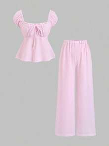 Conjunto de 2 piezas de blusa de manga de pétalo a rayas estilo francés dulce y pantalones rectos holgados para mujer, de primavera/verano - Rosa - Ver 9