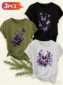 Women's T-Shirts, Women's T-Shirts, 1 Piece Set Of Casual Round Neck T-Shirts In Assorted Colors For Women | Gray Butterfly Print Short Sleeve Shirt, Soft And Comfortable - The Perfect Exclusive Gift For Mother's Day/Easter. - 1件黑色隨機圖案 - 查看 5