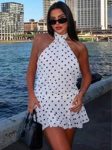 Hugcitar, estampado de lunares, cuello Halter, sin mangas, espalda descubierta, vendaje Sexy, Mini vestido ajustado, traje de moda de verano para mujer, vacaciones de fiesta - BLANCO - Ver 1