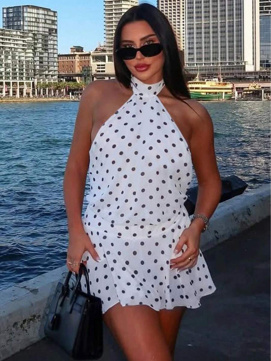 Hugcitar, estampado de lunares, cuello Halter, sin mangas, espalda descubierta, vendaje Sexy, Mini vestido ajustado, traje de moda de verano para mujer, vacaciones de fiesta - BLANCO - Ver 1