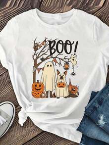 Pure Cotton T-Shirt, Halloween Ghost And Pumpkin Design, Short Sleeve For Young Women, Short Sleeve Sports T-Shirt With Round Neck, Casual Short Sleeve T-Shirt, Summer Clothes For Women, Plain White T-Shirt. - 白色 - 查看 2