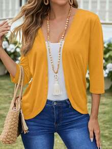 Chaqueta ligera de mujer de unicolor con abertura frontal y manga 3/4 casual - Amarillo - Ver 7