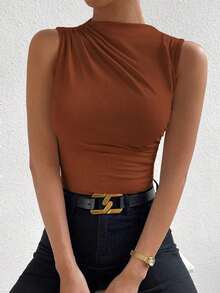 Camiseta sin mangas de corte slim con pliegues de unicolor minimalista para uso diario en verano para mujeres - Marrón Mocha - Ver 6