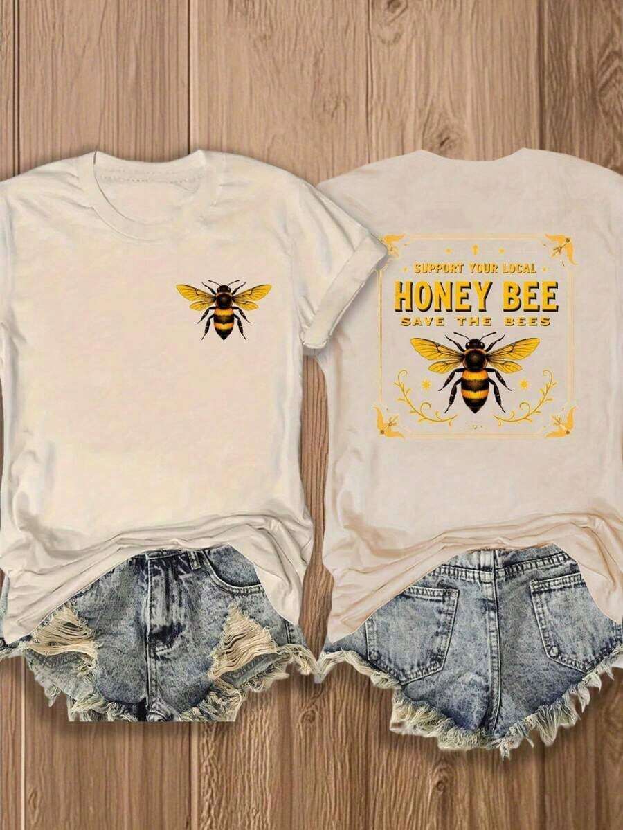 Camiseta de cuello redondo para mujer, con estampado de doble cara, camiseta "Apoya a las abejas locales", diseño vibrante de abejas, algodón suave y transpirable, top casual ecológico para amantes de la naturaleza, actividades al aire libre y vacaciones. - Blanco - Ver 1