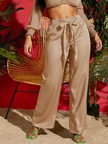 Pantalones negros anchos de verano con cintura de cordón sólido - Caqui - Ver 1