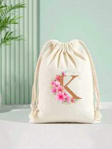 1pc Pink Letter A-Z Canvas Drawstring Gift Bag, Suitable For Holiday Party, Birthday, Wedding DIY Gift Packaging, Multiple Sizes Available, Home Storage Pouch - Multicolor - View 3