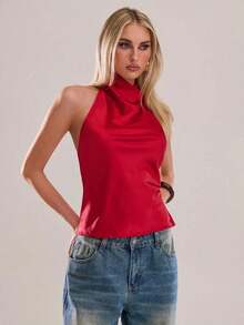 Parte superior de mujer de unicolor con escote pronunciado y espalda descubierta, top de mujer, blusa blanca de mujer, blusas y tops de mujer Xrlq9, ropa de mujer, camisetas de mujer, top de verano - Rojo - Ver 7