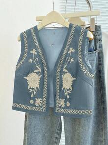 Chaqueta sin mangas con bordado floral para mujer - Azul - Ver 3