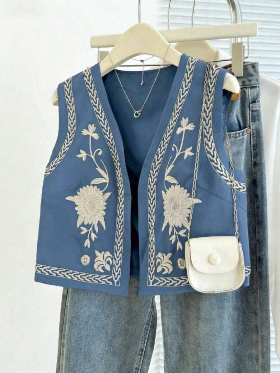 Chaqueta sin mangas con bordado floral para mujer - Azul marino - Ver 1