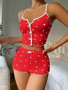 pijama / Pijama con estampado de corazón, ribete contrastante y lazo delantero - Rojo - Ver 4