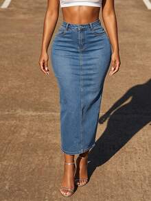 Women's Mid-Rise Bodycon Denim Midi Skirt - Functional Pockets, Button-Zip Closure, Stretchy & Casual Daily Must-Have - 中等水洗藍 - 查看 4