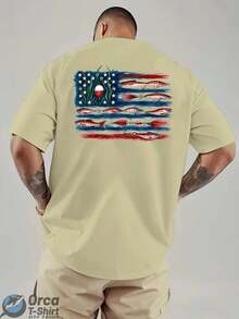 American Flag And Fish Print Short-Sleeve T-Shirt Featuring A Design That Combines The American Flag With Fishing Elements. Suitable For Outdoor Fishi - 杏色 - 查看 4