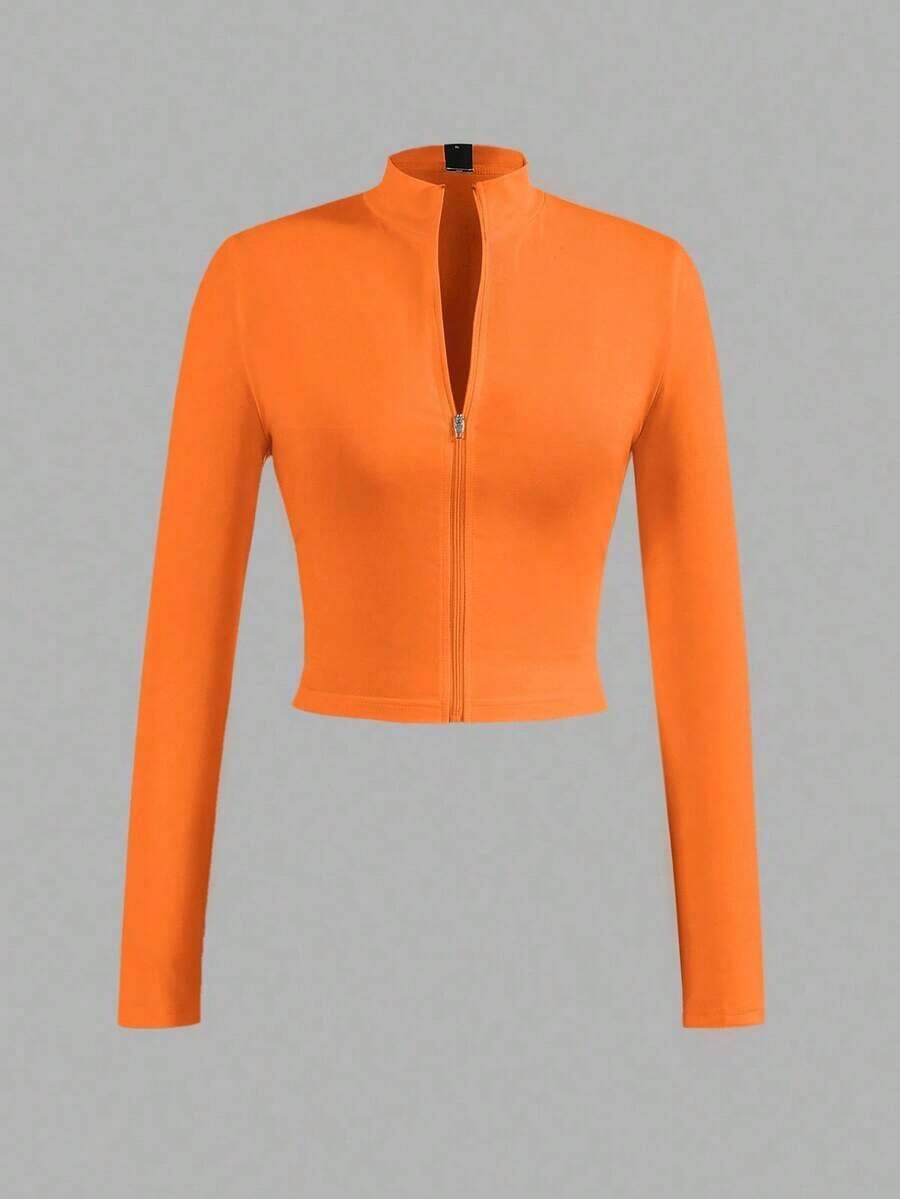 Chaqueta básica casual de ajuste ceñido con cremallera, cuello en V y manga larga para otoño/invierno - E - Naranja 2 - Ver 1