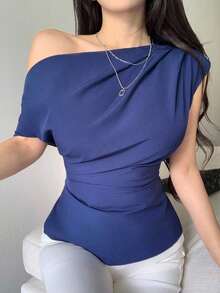 Blusa de unicolor con cuello asimétrico y plisado a la moda para mujeres - Azul marino - Ver 1