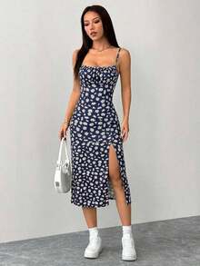 Vestido ajustado para mujer con tirantes de espagueti y abertura lateral con estampado floral diminuto - Azul marino - Ver 5