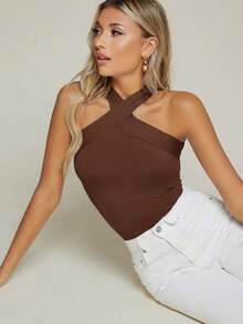 Top halter delgado unicolor con tiras cruzadas - Marrón Chocolate - Ver 3