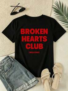 Under The Radar Women's Casual Black Short Sleeve Crew Neck Drop Shoulder T-Shirt With Broken Heart Print - Unisex Loose Cotton Urban Vintage Style - 黑色 - 查看 6