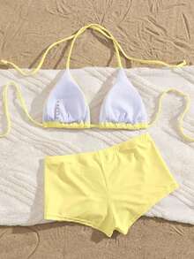 Traje de baño con estampado floral de moda: Top de bikini tipo camiseta con estampado de loto negro + Bottom de traje de baño de talle alto - Conjunto de traje de baño elegante y cómodo para vacaciones de verano, playa y uso en resort en color rojo - Amarillo claro - Ver 3