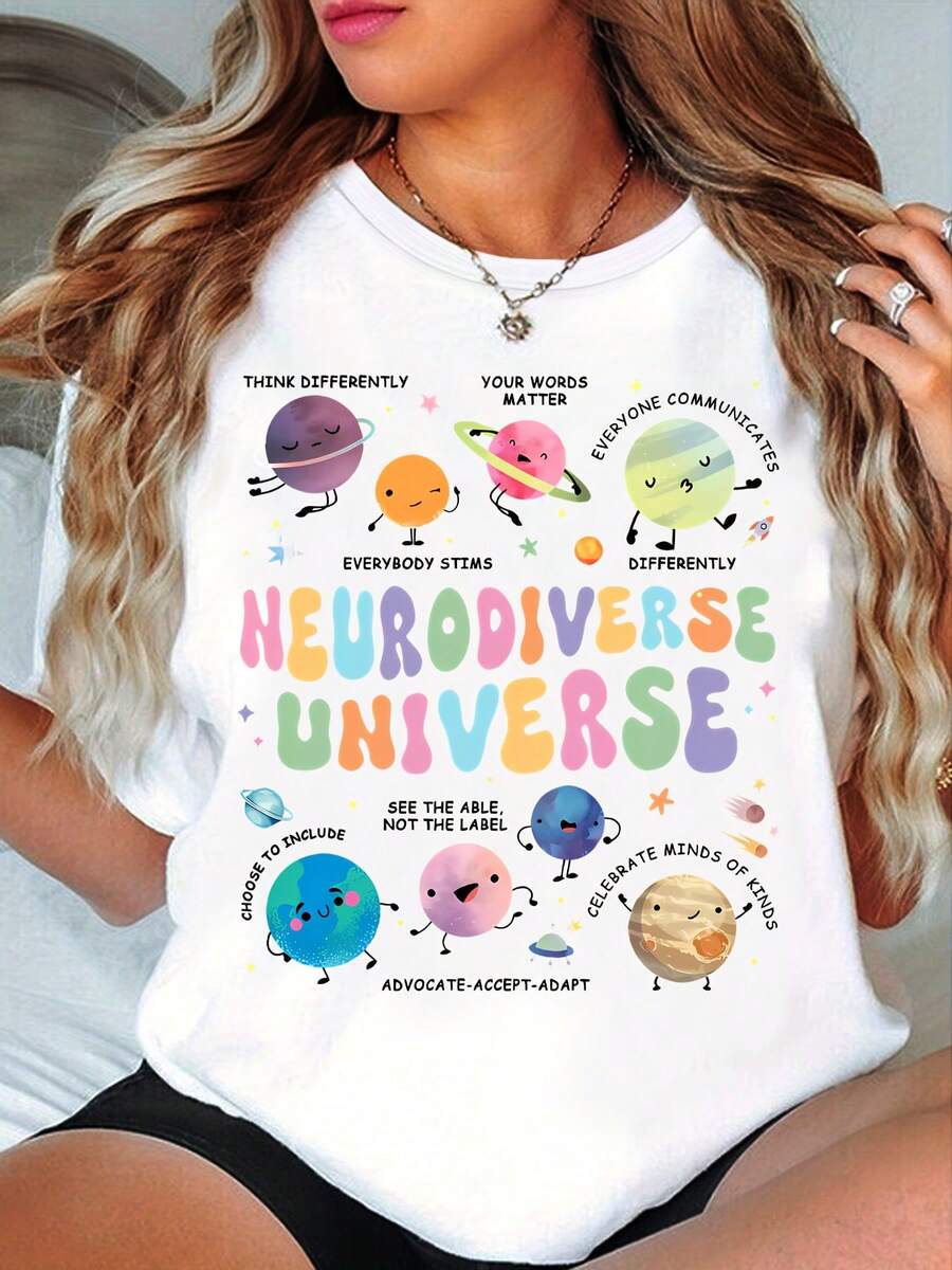 Under The Radar Printed T-Shirt With Neurodiverse Universe Design, Fun Cosmic Planets, Teacher T-Shirt, Gift For Teachers - Unisex Cotton T-Shirt, Short Sleeve, Crew Neck, Vintage Urban Style - 白色 - 查看 1
