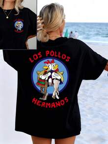 Two Smiling Chickens In Colorful Outfits Conveying Friendship, Fun, And Latin Spirit Within A Blue Circle With Bold Red Lettering. Women's Double-Sided Printed T-Shirt, Casual, Modern Style. - 黑色 - 查看 1