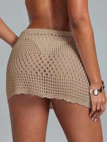 Swim Lushoire Falda pareo con dobladillo ondulado para la playa, con patrón geométrico perforado y floral - Caqui - Ver 2