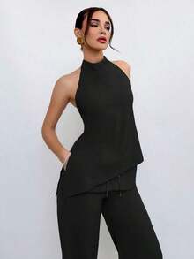 Conjunto de 2 piezas de top de cuello halter y pantalones en color café para mujer, estilo de uso diario - Negro - Ver 7