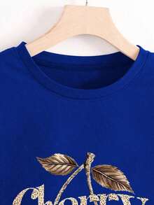 Plus Size Women's Short Sleeve Crew Neck Blouse With Leopard And Cherry Print - Vintage Street Style Unisex Cotton Short Sleeve Crew Neck T-Shirt - 藍色的 - 查看 4