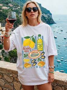 La Dolce Vita Print, Italian Summer Graphic Tee, Food Lover Tee, Limoncello Garden Fisherman Aesthetic, Italian Picnic, Women's Tee With Intense And Bright Colors, The First Choice For Summer, Urban Fashion, Casual Style. - 多色 1 - 查看 6