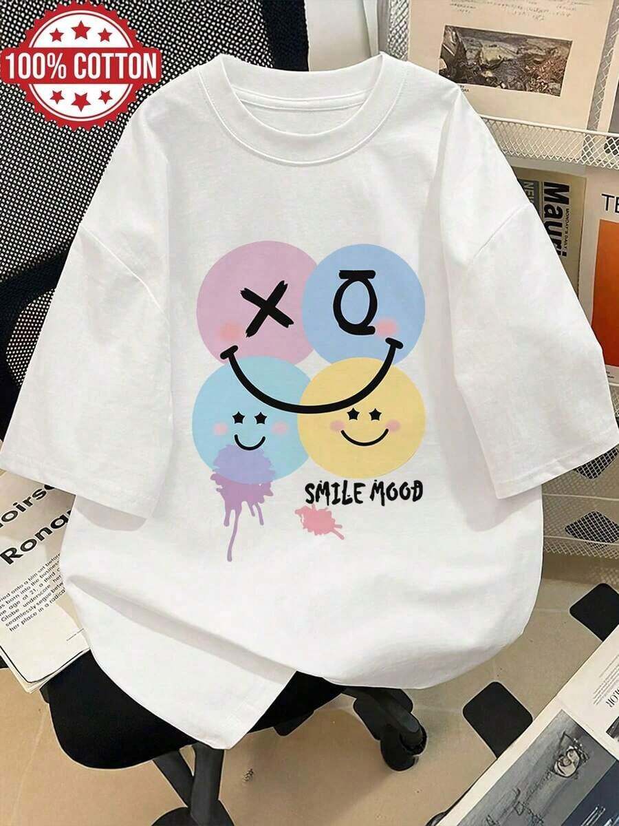 Women's Casual Summer T-Shirts With A Charming Design Featuring A Face And A Circle, Printed With 'SMILE MOOD'. This Loose-Fitting, Short-Sleeved T-Shirt Has A Round Neck And Dropped Shoulders. Women's T-Shirts, Women's Blouses, Casual Blouses For Ladies - 白色的 - 查看 1
