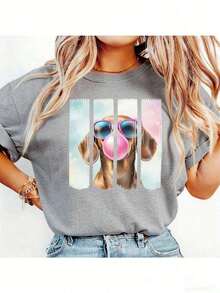 Adorable Dachshund Graphic T-Shirt - Dachshund Chewing Gum Print T-Shirt, Pure Cotton Dachshund Mom T-Shirt, Dachshund Dad Gift - Unisex Pure Cotton T-Shirts For Women And Men - 杏色 - 查看 4