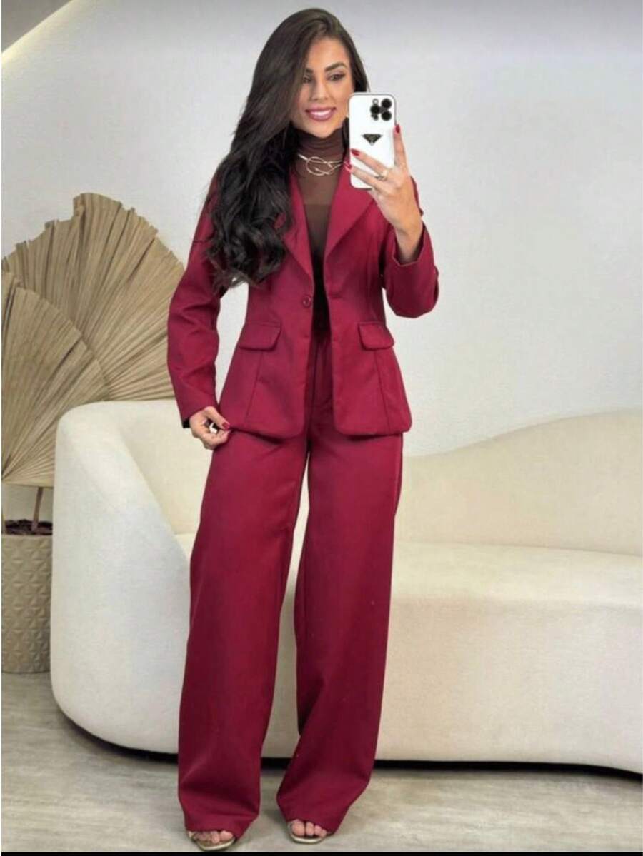 Tailored Blazer And Belt Set For The Office. - Burgundy - View 1