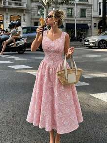 Vestido midi de línea A con cintura estilizadora, cuello en V y tela jacquard, elegante y versátil para salidas, reuniones, uso casual, primavera/verano/otoño y vacaciones - Rosa Pálido - Ver 2